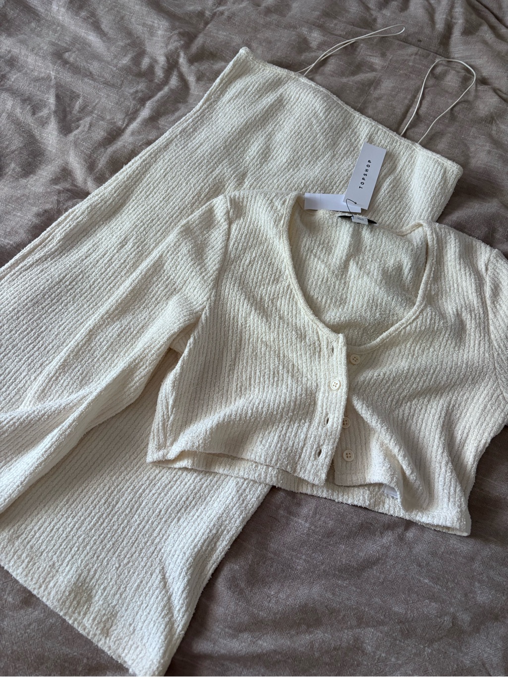 Topshop Cream Textured Knit Crop Cardigan & Slip